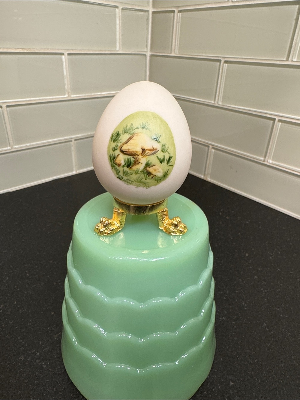 Porcelain Egg With Hand Painted Mushroom Scene and Stand